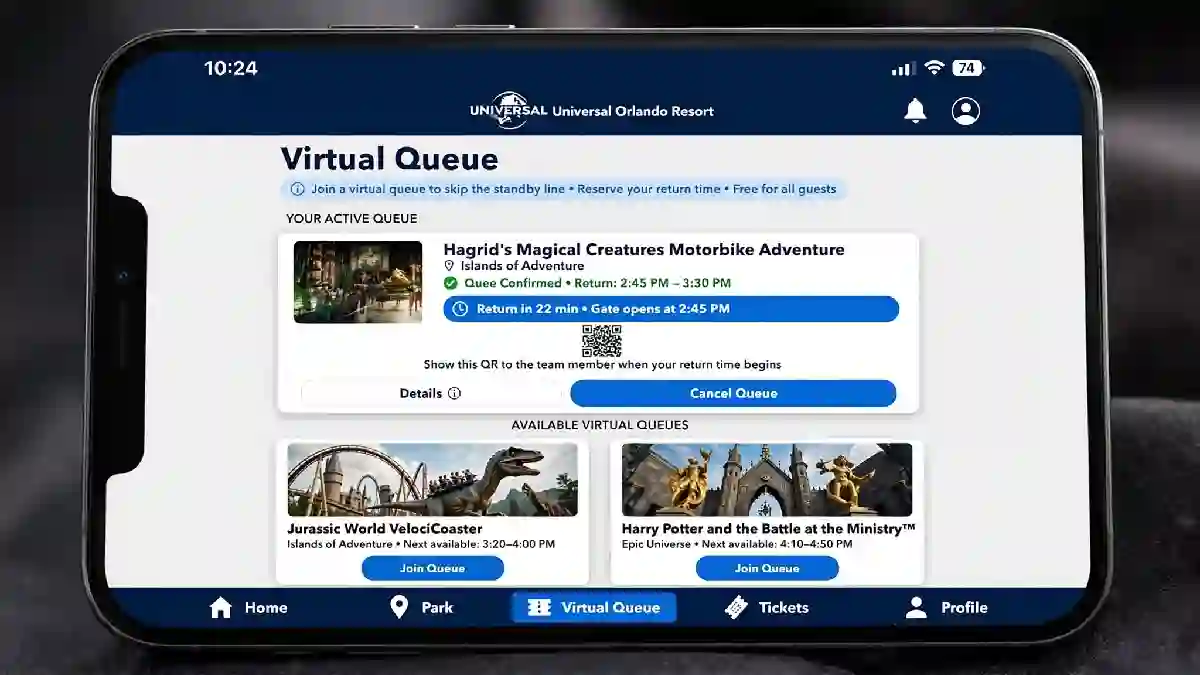Universal Orlando virtual queue app addressing Epic Universe theme park capacity management