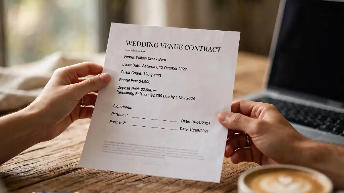 Couple reviewing a wedding venue contract to request a wedding deposit refund